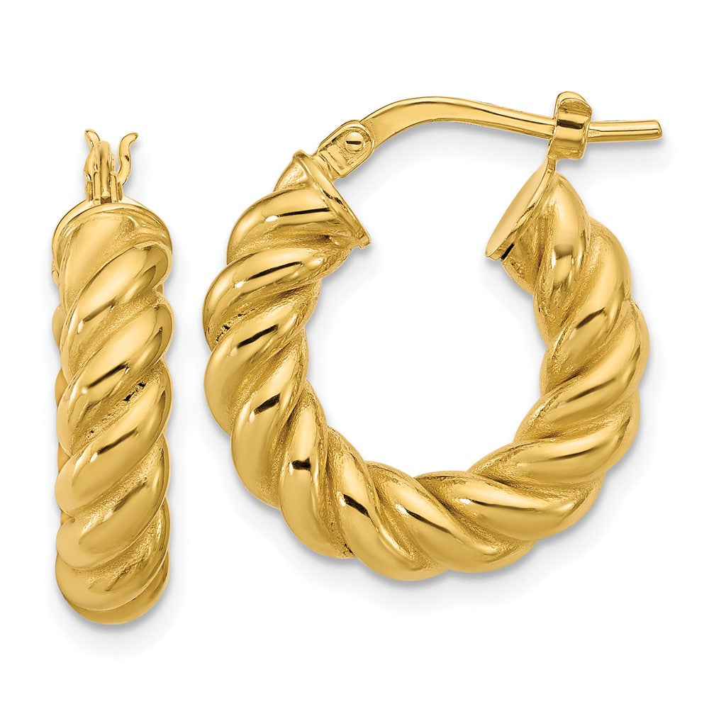 14K Polished and Twisted Round Hoop Earrings