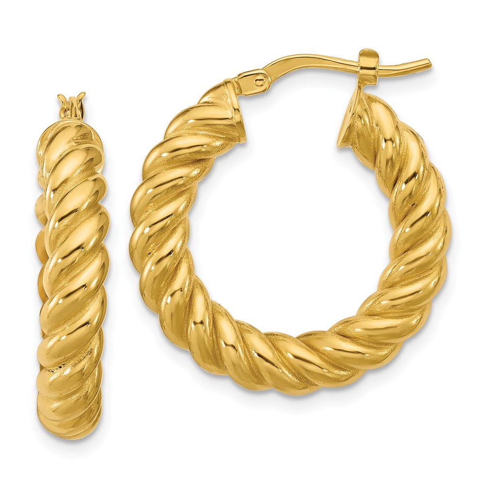 14K Polished and Twisted Round Hoop Earrings