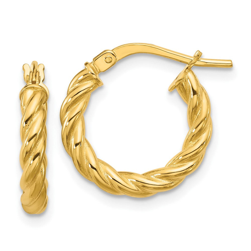 14K Polished and Twisted Round Hoop Earrings