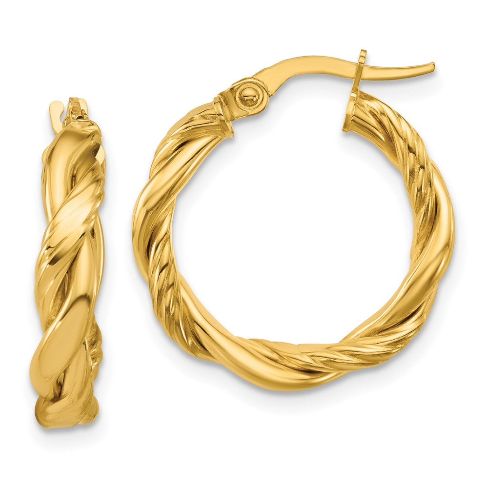 14K Polished and Twisted Round Hoop Earrings