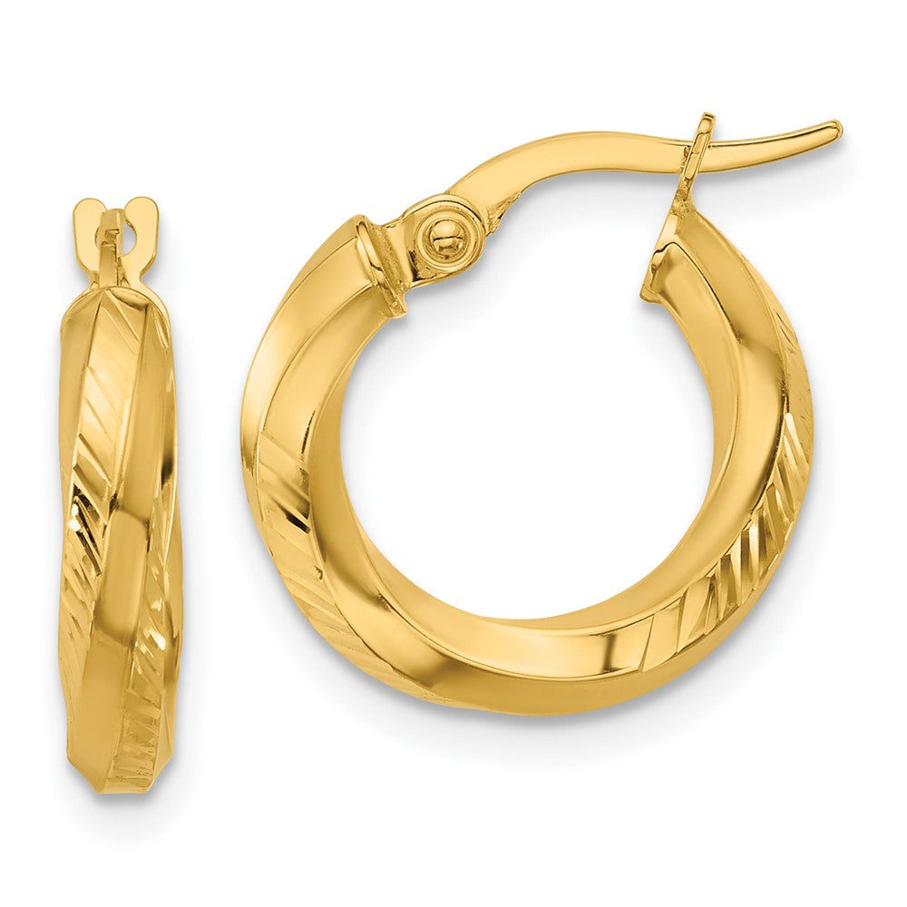 14K Polished and Diamond-cut Round Hoop Earrings