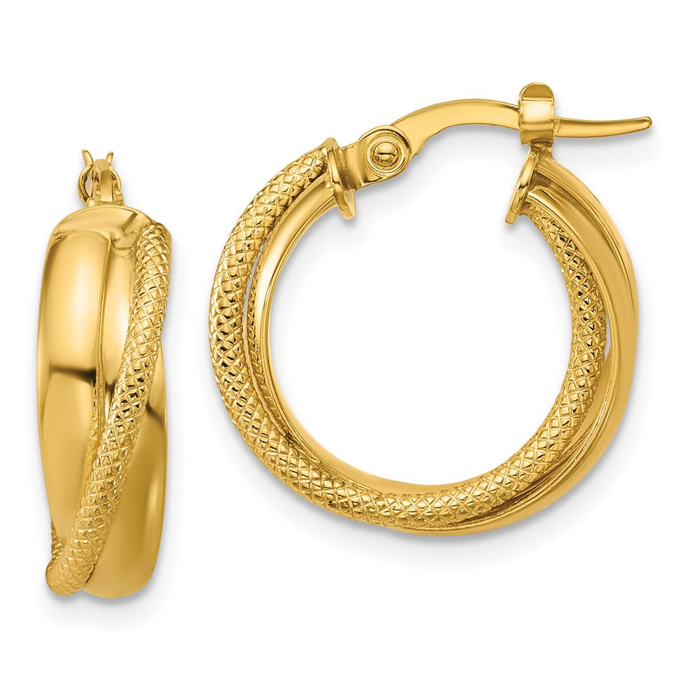 14K Polished and Textured Round Hoop Earrings