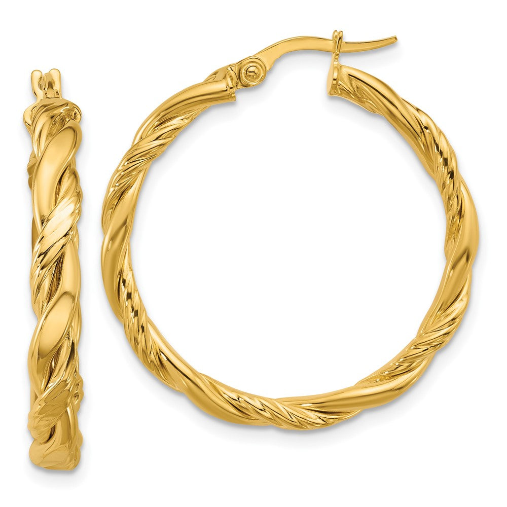 14K Polished and Twisted Round Hoop Earrings