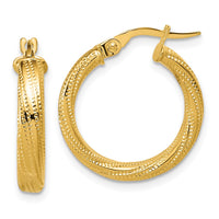 Load image into Gallery viewer, 14K Polished / Textured and Twisted Round Hoop Earrings
