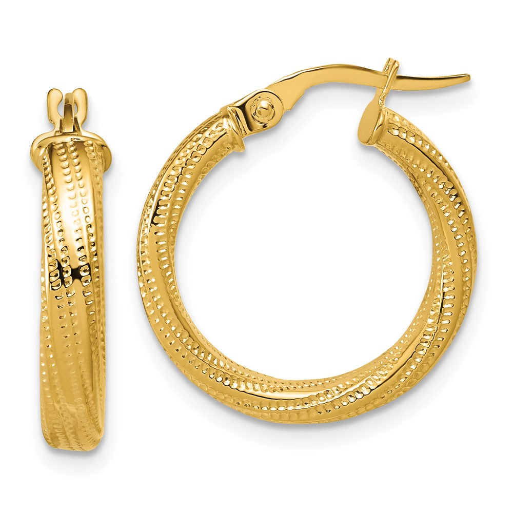 14K Polished / Textured and Twisted Round Hoop Earrings