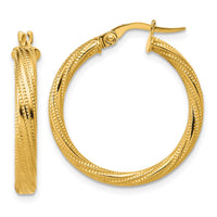 Load image into Gallery viewer, 14K Polished / Textured and Twisted Round Hoop Earrings
