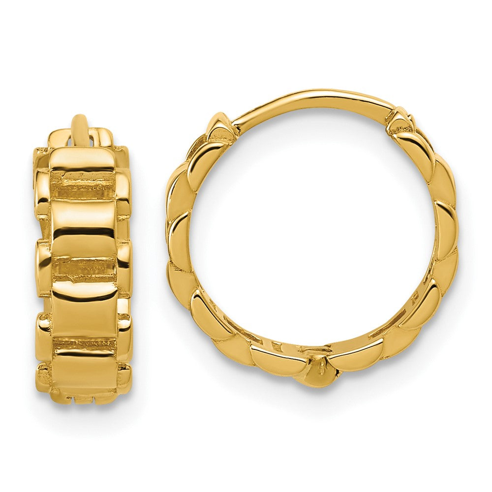 14K Polished Link Pattern Hinged Huggie Hoop Earrings