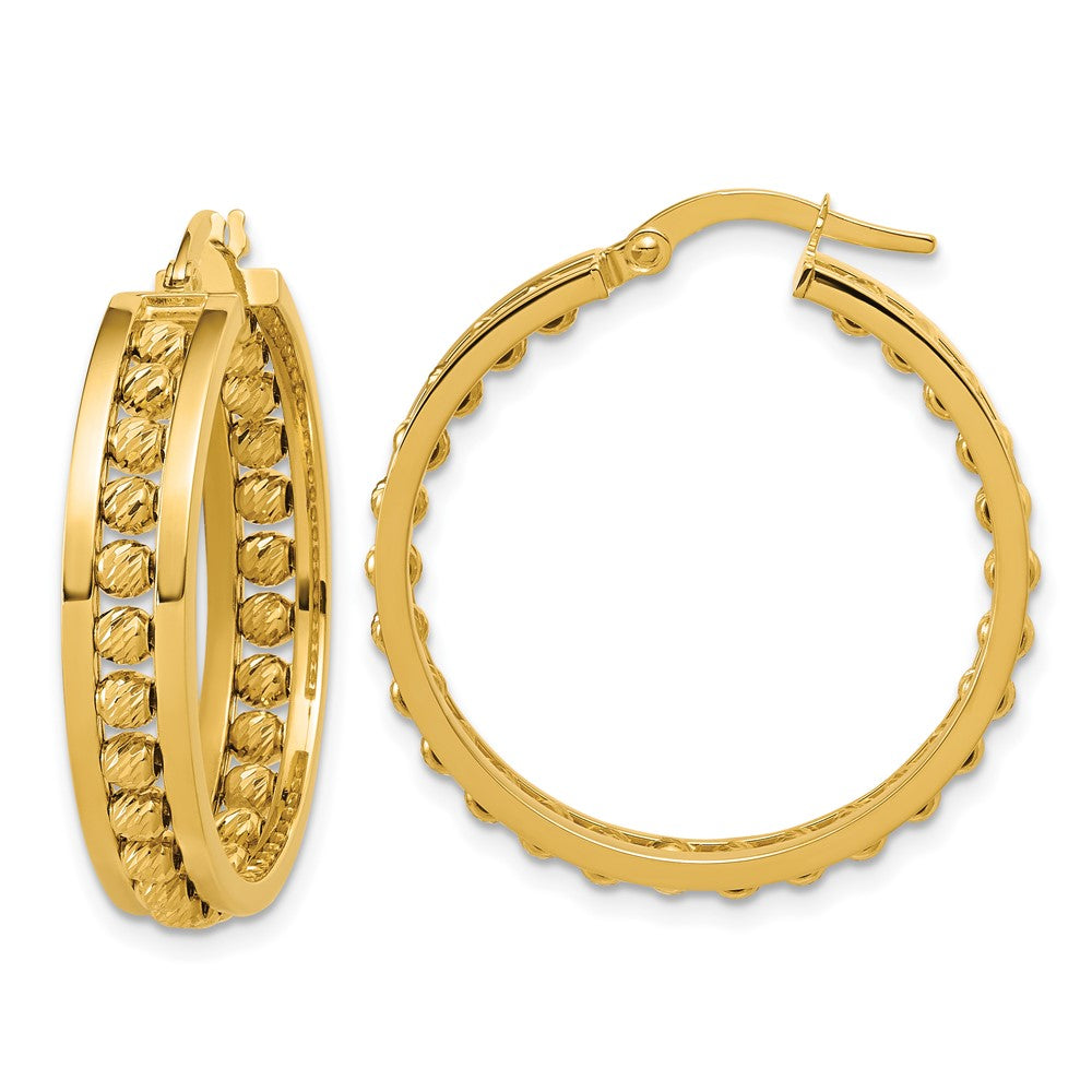 14K Polished and Diamond-cut Beaded Tube Hoop Earrings