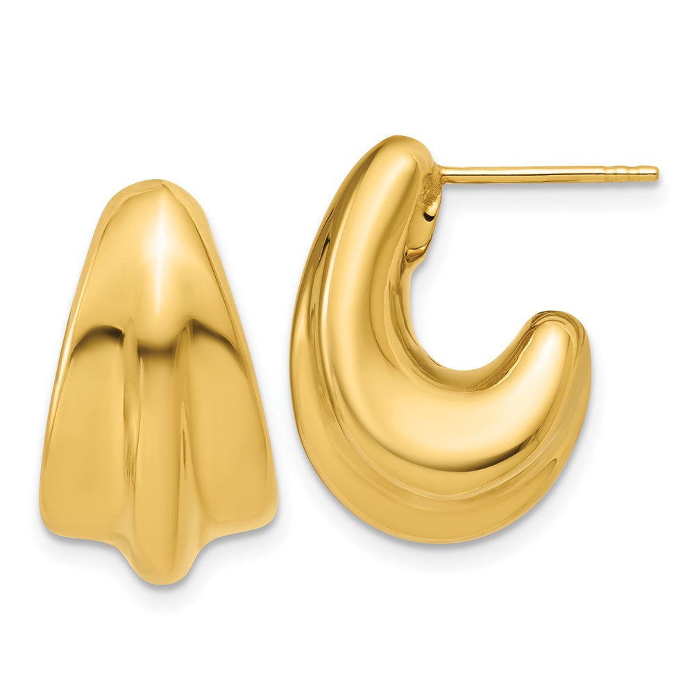 14K Polished Hollow Puffed Grooved J-Hoop Earrings