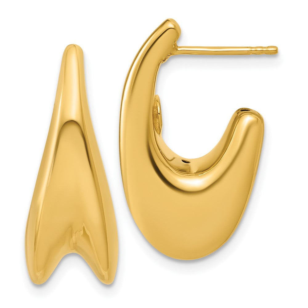 14K Polished Hollow Puffed Grooved J-Hoop Earrings