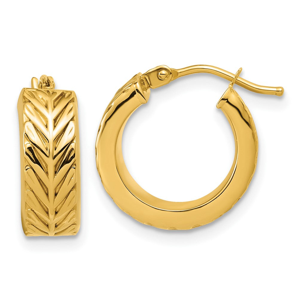 14K Polished and Grooved Round Hoop Earrings