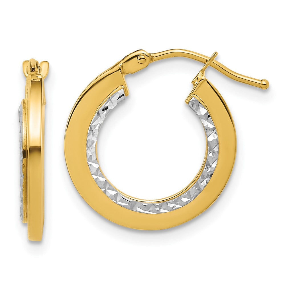 14K w/White Rhodium Polished and Diamond-cut Round Hoop Earrings