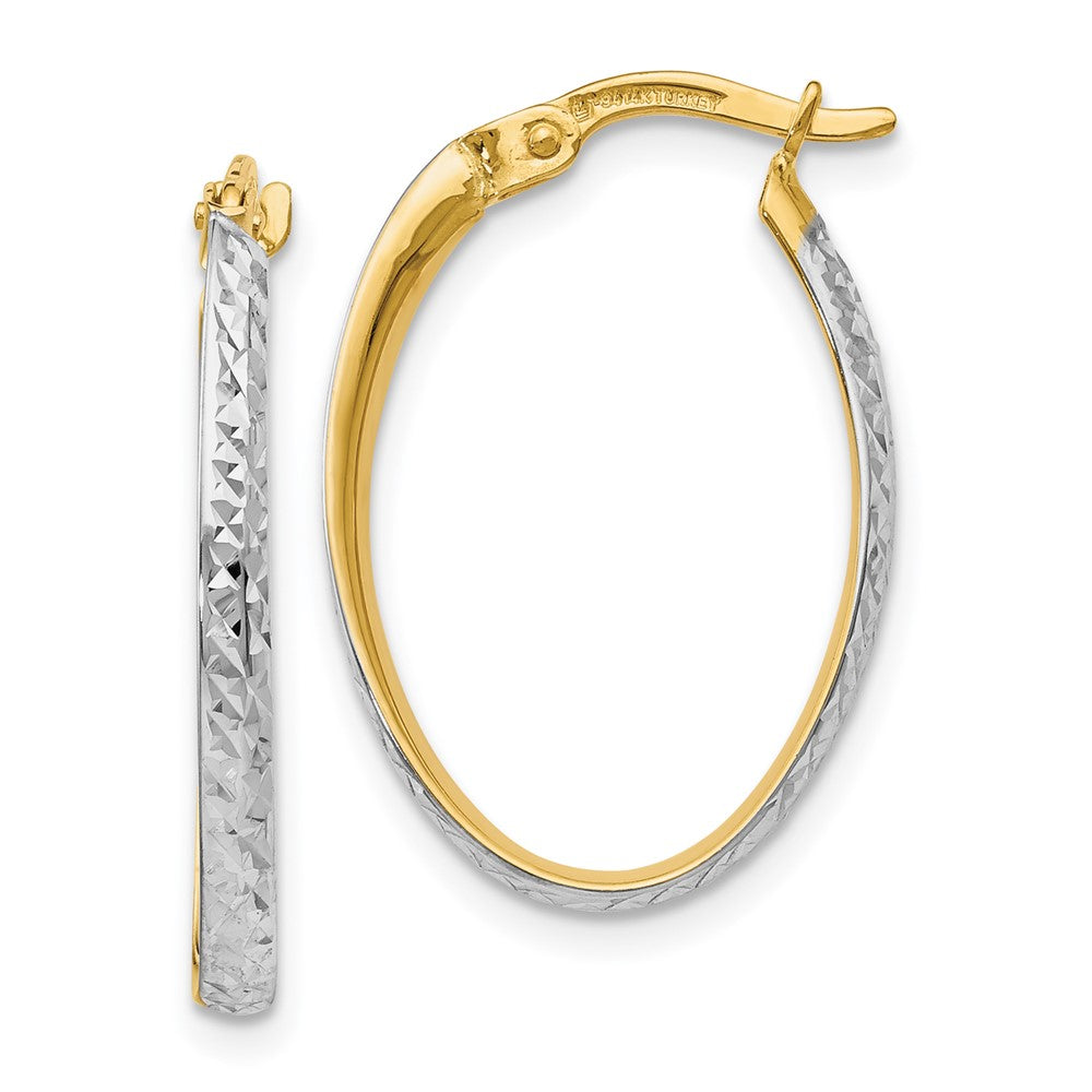 14K w/White Rhodium D/C Oval Hoop Earrings