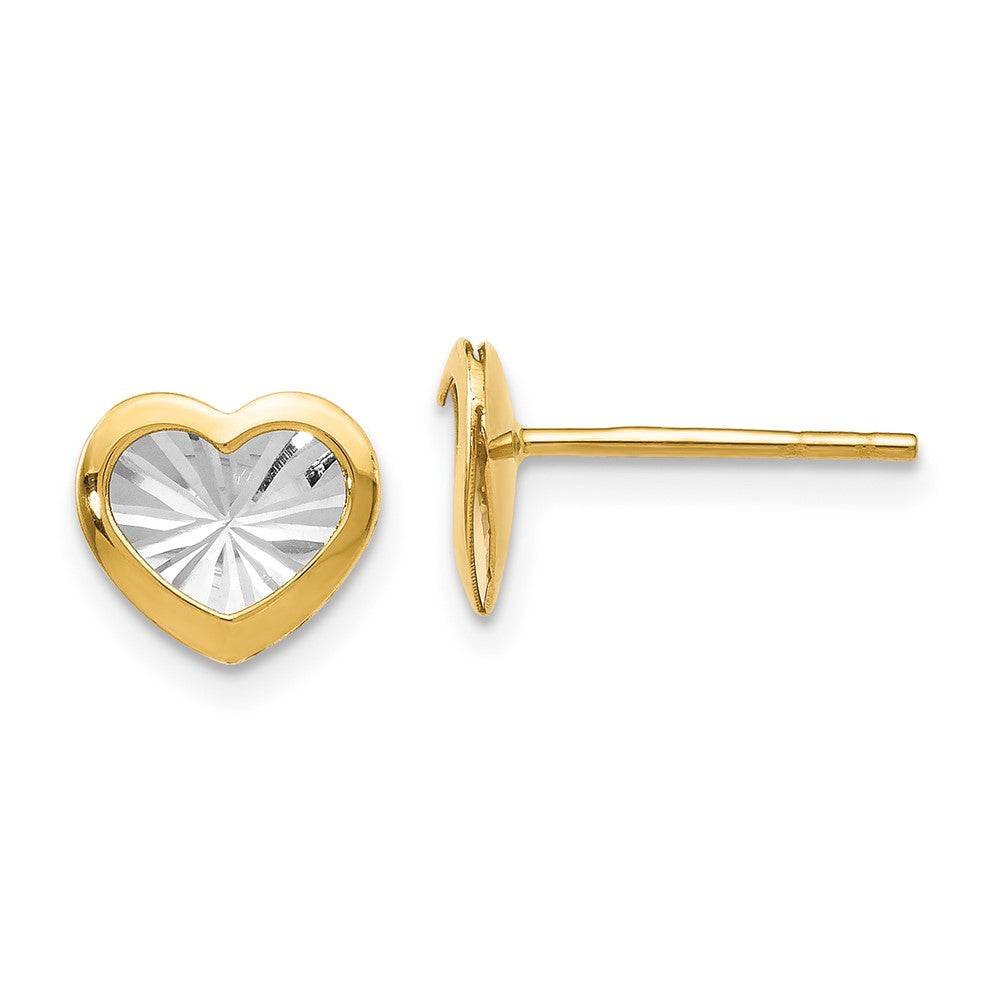 14K w/White Rhodium Polished and D/C Heart Post Earrings