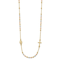 Load image into Gallery viewer, 14K Tri-color Sideways Cross Beaded Rosary Style 18 inch Necklace
