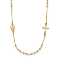 Load image into Gallery viewer, 14K Tri-color Sideways Cross Beaded Rosary Style 18 inch Necklace
