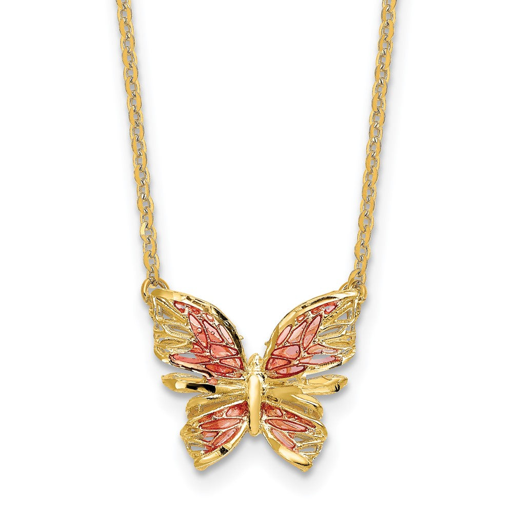 14K Polished D/C w/ Pink Enamel Butterfly Necklace