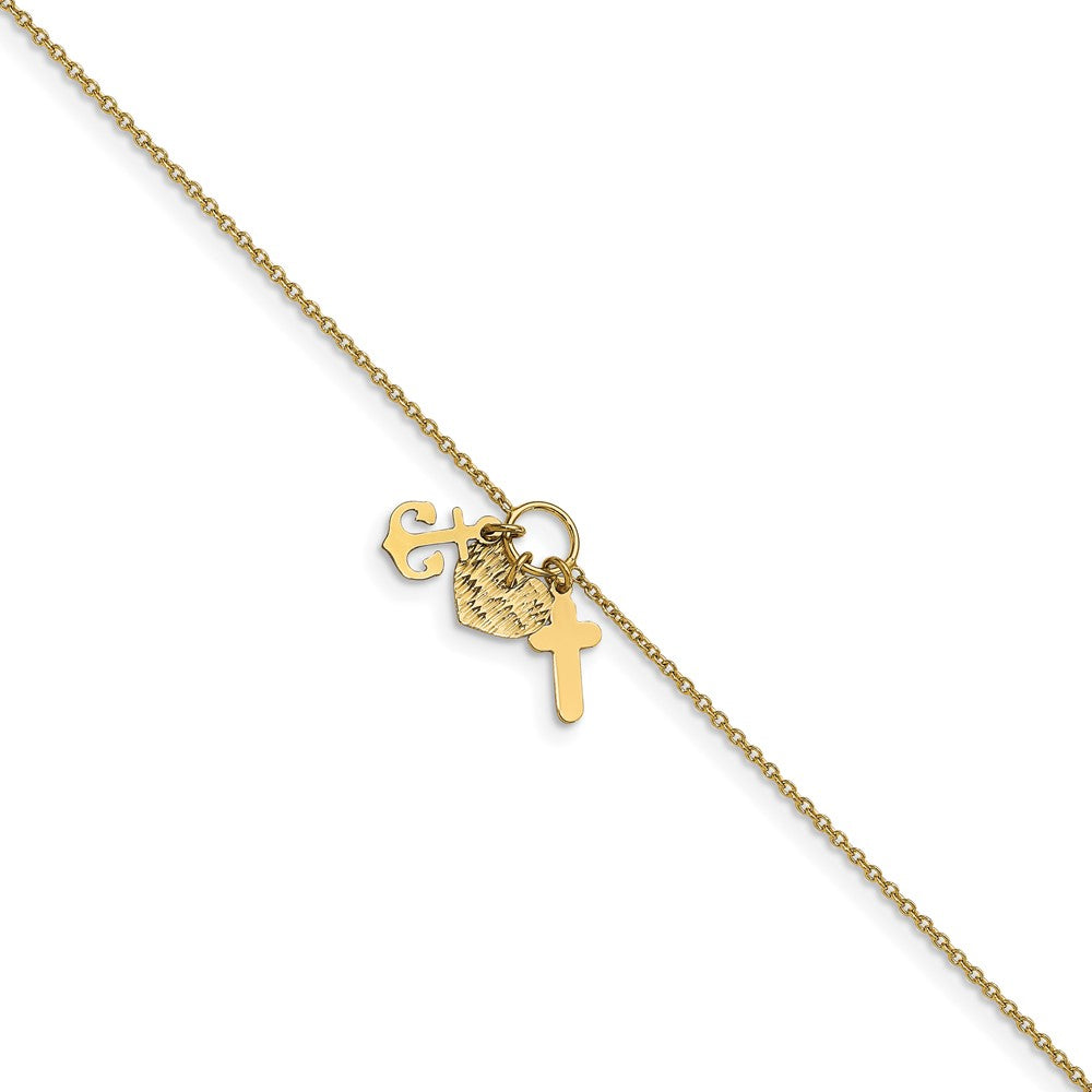 14k Polished D/C Cross Heart Anchor w/ 1in ext. Anklet