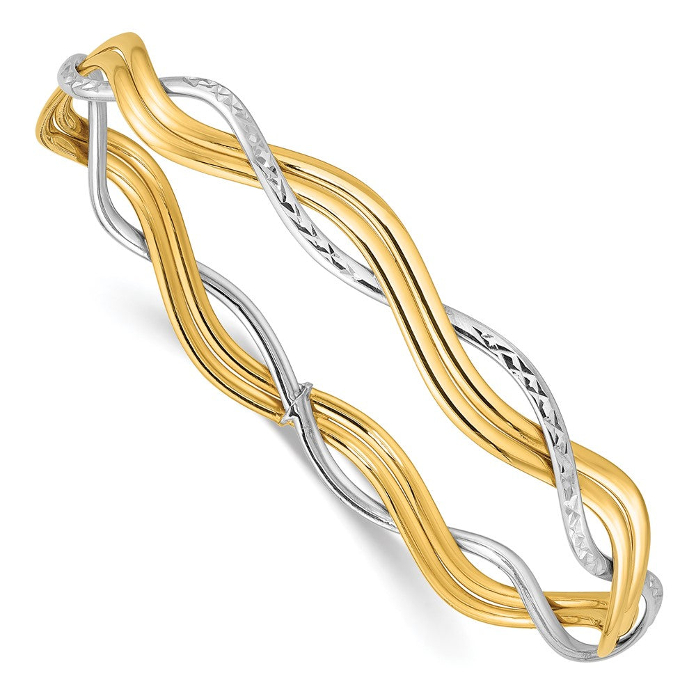 14K w/Rhodium Polished and Dia-cut Braided Slip-On Bangle