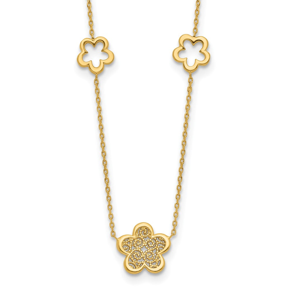 14K Polished and Filigree Flower Stations with 1in. ext. Necklace