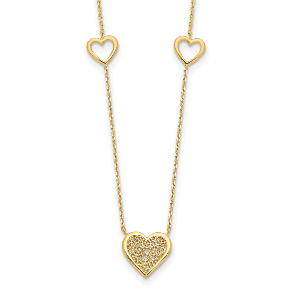 14K Polished and Filigree Heart Stations with 1in. ext. Necklace