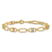 Load image into Gallery viewer, 14K Tri-color Polished/Textured/Dia-cut Fancy Link Bracelet
