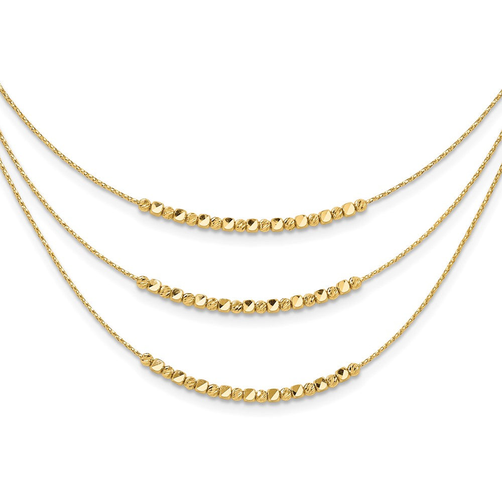 14K Pol/Texture/Dia-cut Beads 3-strand w/ 2in ext. Necklace
