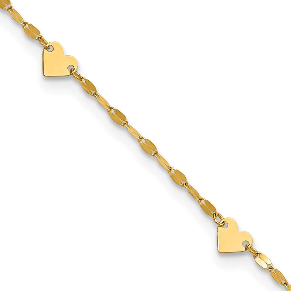 14K Polished Heart Station 9in Plus 1in ext. Anklet