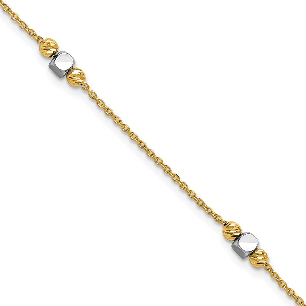 14K Two-tone Polished / Dia-cut Beads w/1in ext. Bracelet