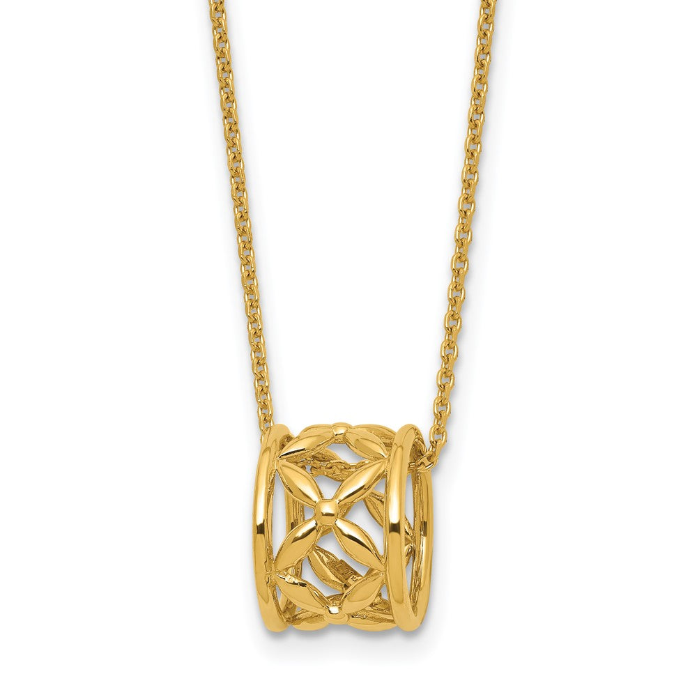 14K Polished Floral Bead with 1 Inch Ext. Necklace