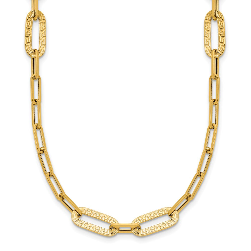 14K Polished Textured Greek Key Paperclip Link Necklace