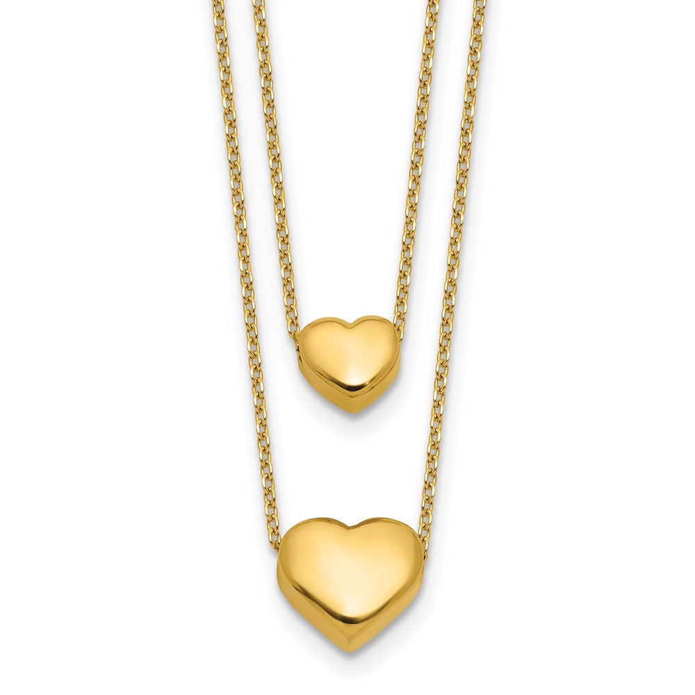 14K Polished Two-Strand Hearts with 1 Inch Ext. Necklace