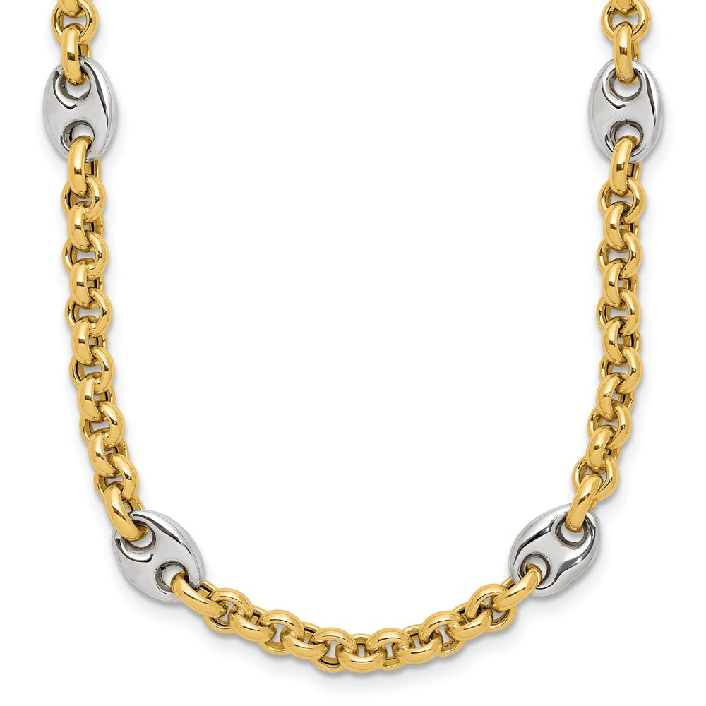 14K Two-tone Polished Fancy Puffed Mariner Link Necklace