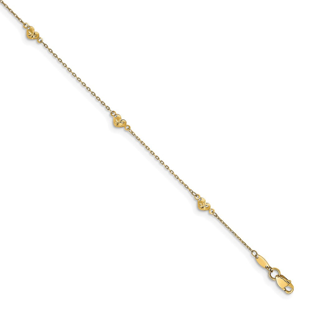 14K Polished and D/C Heart with 1in ext. Anklet