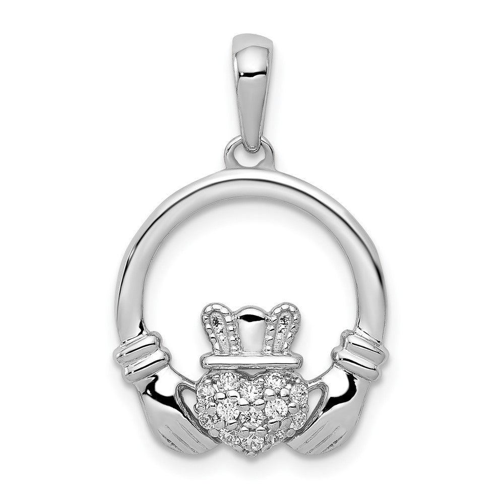 14k White Gold Diamond Claddagh Circle Pendant