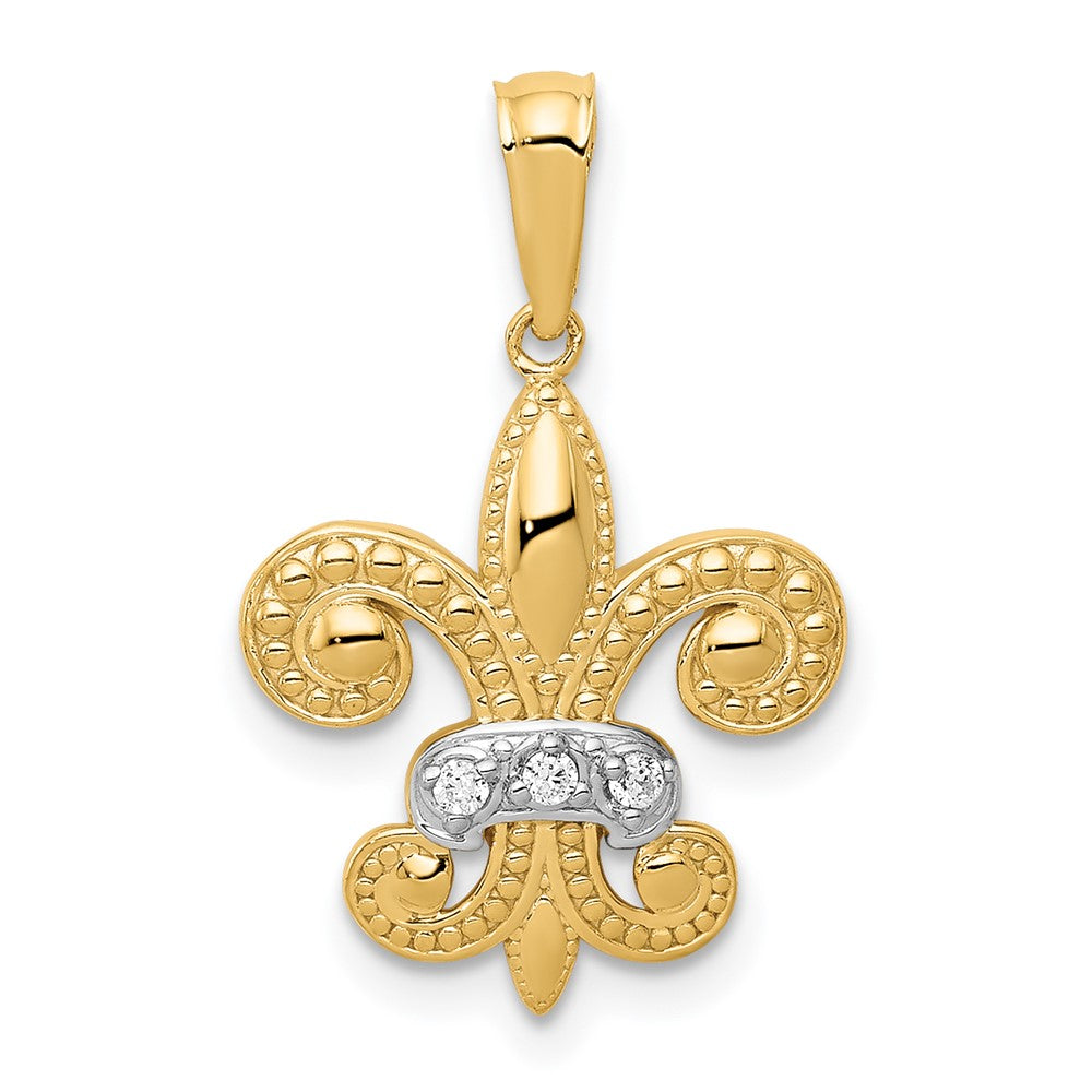 14k w/Rhodium Polished Diamond Fleur de Lis Pendant
