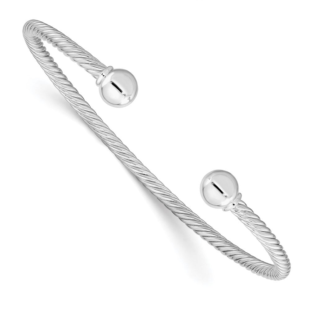 Sterling Silver Rhod-plated Twisted w/1 Thread Ball Cuff Bangle