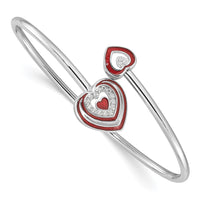 Load image into Gallery viewer, Sterling Silver Rh-plated CZ Red Enamel Heart Flexible Cuff Bangle Bracelet

