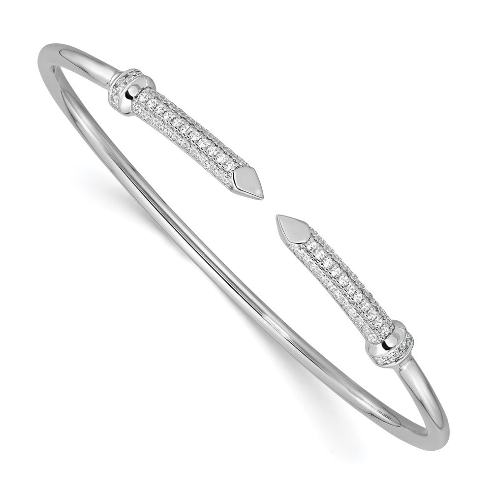 Sterling Silver Rhodium-plated Polished CZ Pointed Ends Flexible Cuff Bangle