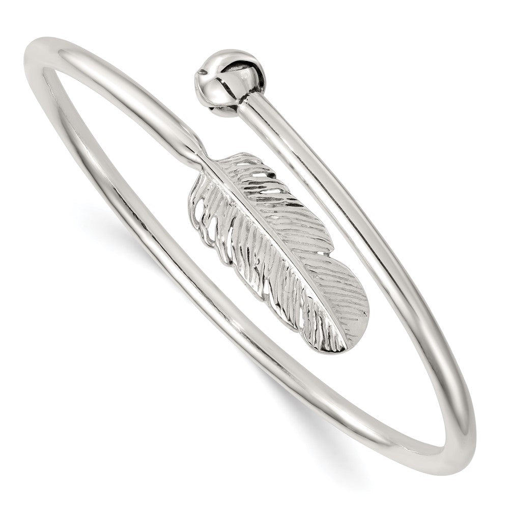 Sterling Silver Polished and Grooved Feather Bypass Cuff Bangle