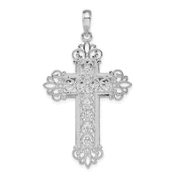 Load image into Gallery viewer, De-Ani Sterling Silver Rhodium-Plated Diamond-Cut Filigree Fleur de Lis Cross Pendant
