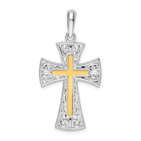 Load image into Gallery viewer, De-Ani Sterling Silver Rhodium-Plated Polished Fancy Cross with 14k Accent Pendant

