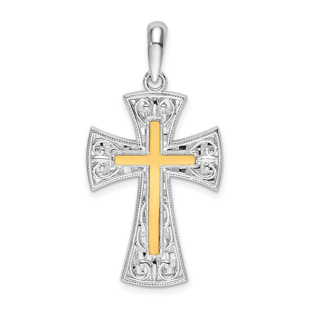 De-Ani Sterling Silver Rhodium-Plated Polished Fancy Cross with 14k Accent Pendant