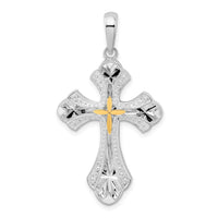 Load image into Gallery viewer, De-Ani Sterling Silver Rhodium-Plated Diamond-Cut Budded Cross with 14k Accent Pendant
