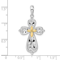 Load image into Gallery viewer, De-Ani Sterling Silver Rhodium-Plated Diamond-Cut Rounded Cross with 14k Accent Pendant
