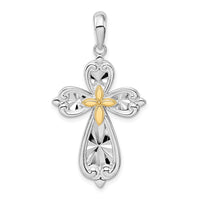 Load image into Gallery viewer, De-Ani Sterling Silver Rhodium-Plated Diamond-Cut Rounded Cross with 14k Accent Pendant
