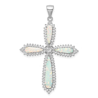 Load image into Gallery viewer, Sterling Silver RH-plated White Created Opal &amp; CZ Border Cross Pendant
