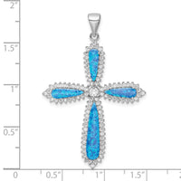 Load image into Gallery viewer, Sterling Silver RH-plated Blue Created Opal &amp; CZ Border Cross Pendant
