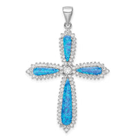 Load image into Gallery viewer, Sterling Silver RH-plated Blue Created Opal &amp; CZ Border Cross Pendant
