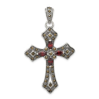 Load image into Gallery viewer, Sterling Silver Antiqued Red Marquise CZ Marcasite Cross Pendant
